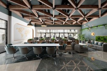 Modern open-plan restaurant lounge with bar seating, sofas, plants, and exposed wood beam ceiling