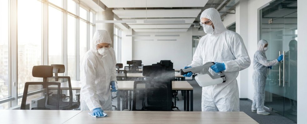 Workers in protective suits disinfecting office desks in a modern office