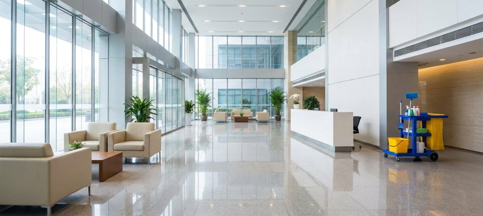 Modern office lobby with cleaning cart, reception desk, and seating area