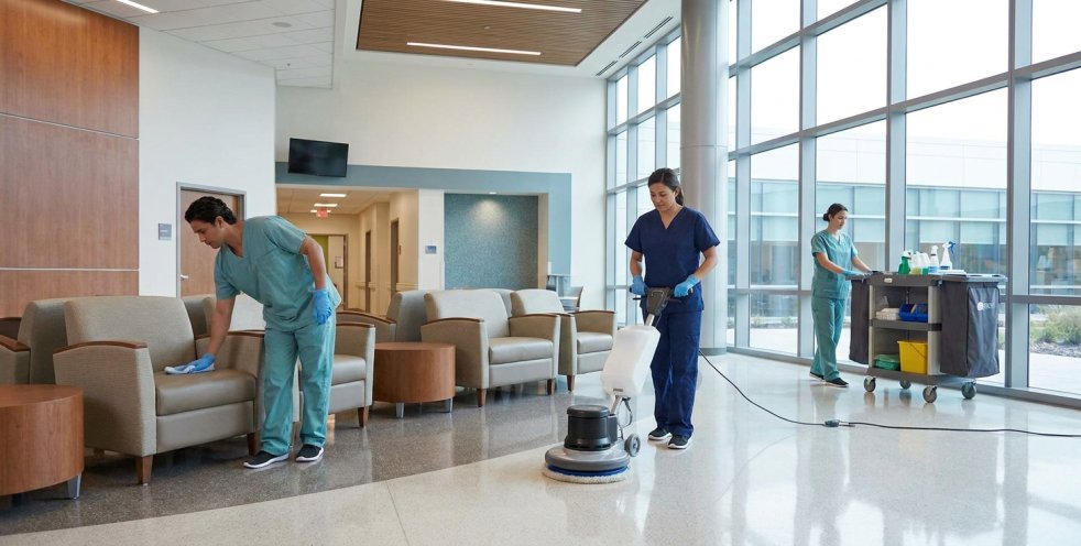 Medical cleaners sanitizing a hospital waiting area with chairs and floor buffer