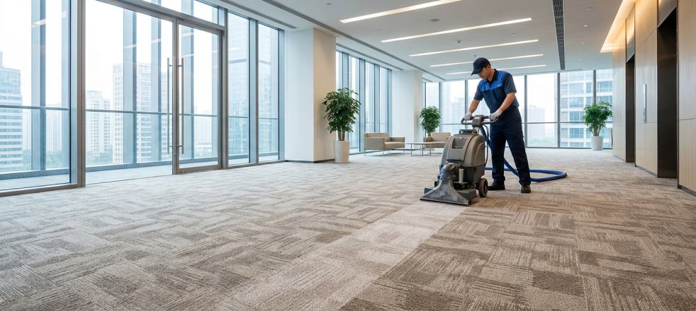 Technician cleaning carpet in a modern office lobby with large windows