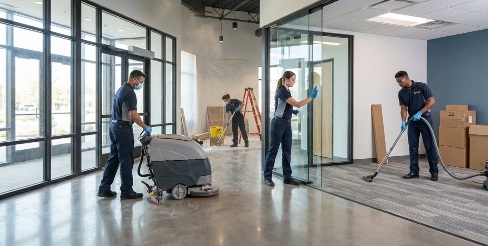 Commercial cleaners completing post-construction cleanup in a new office space with floors, windows, and debris removal