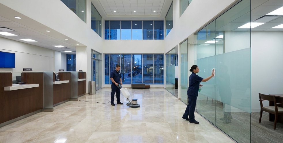 Cleaners polishing floors and glass in a modern bank lobby