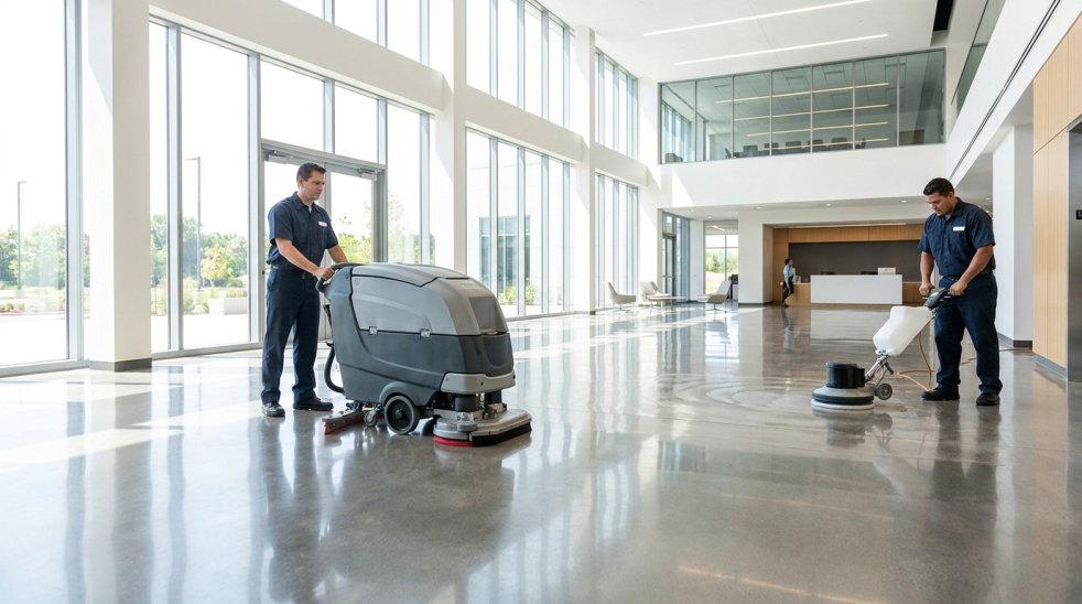 Workers cleaning and polishing a glossy commercial lobby floor with floor scrubbers and buffers