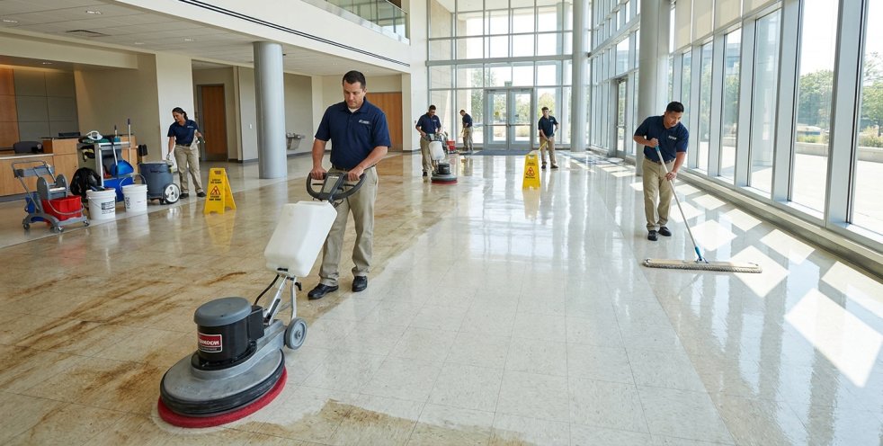 Workers stripping and waxing a polished lobby floor in a bright commercial building