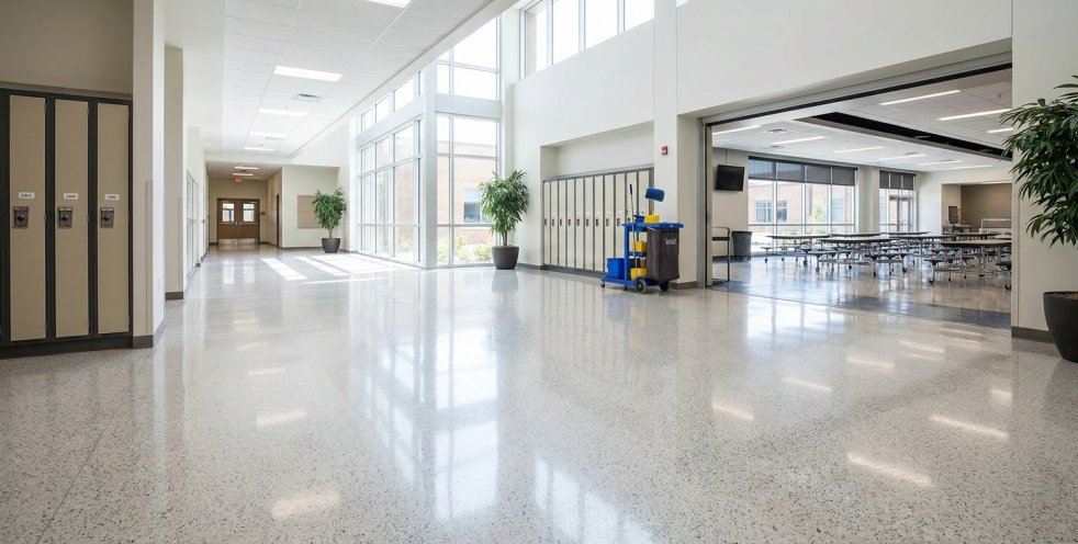 Clean school hallway with lockers, classrooms and janitor cart in a bright educational facility