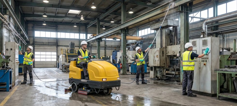 Team cleaning an industrial facility with a floor scrubber and wiping machinery