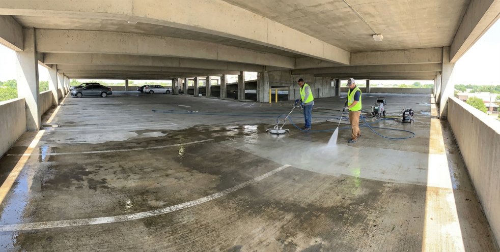 Two workers pressure washing a parking garage deck