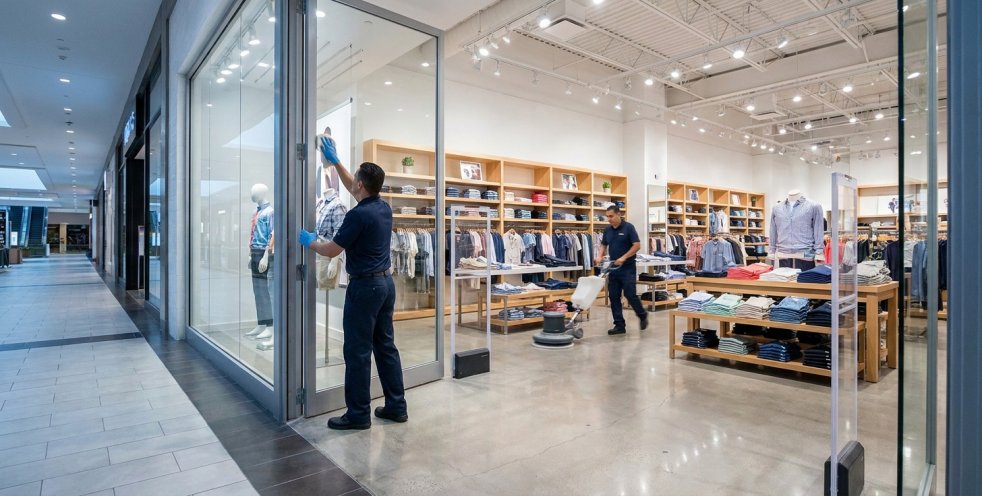 Cleaners wiping glass in a clothing store inside a shopping mall