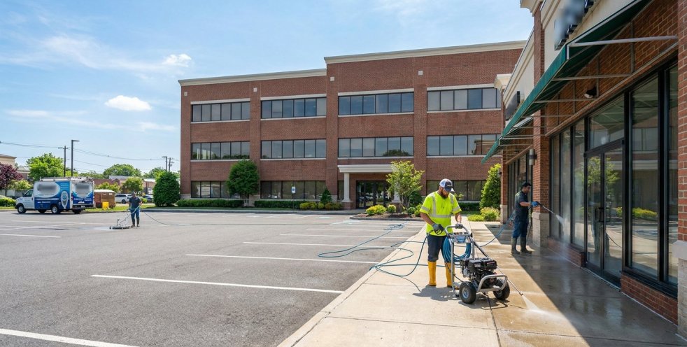 Workers pressure washing a commercial storefront and sidewalk outside an office building